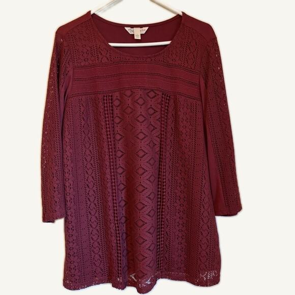 Creation Jackets & Blazers - Krazy Kat Maroon Crochet Tunic Top - Women's Large 3/4 Sleeve - Excellent